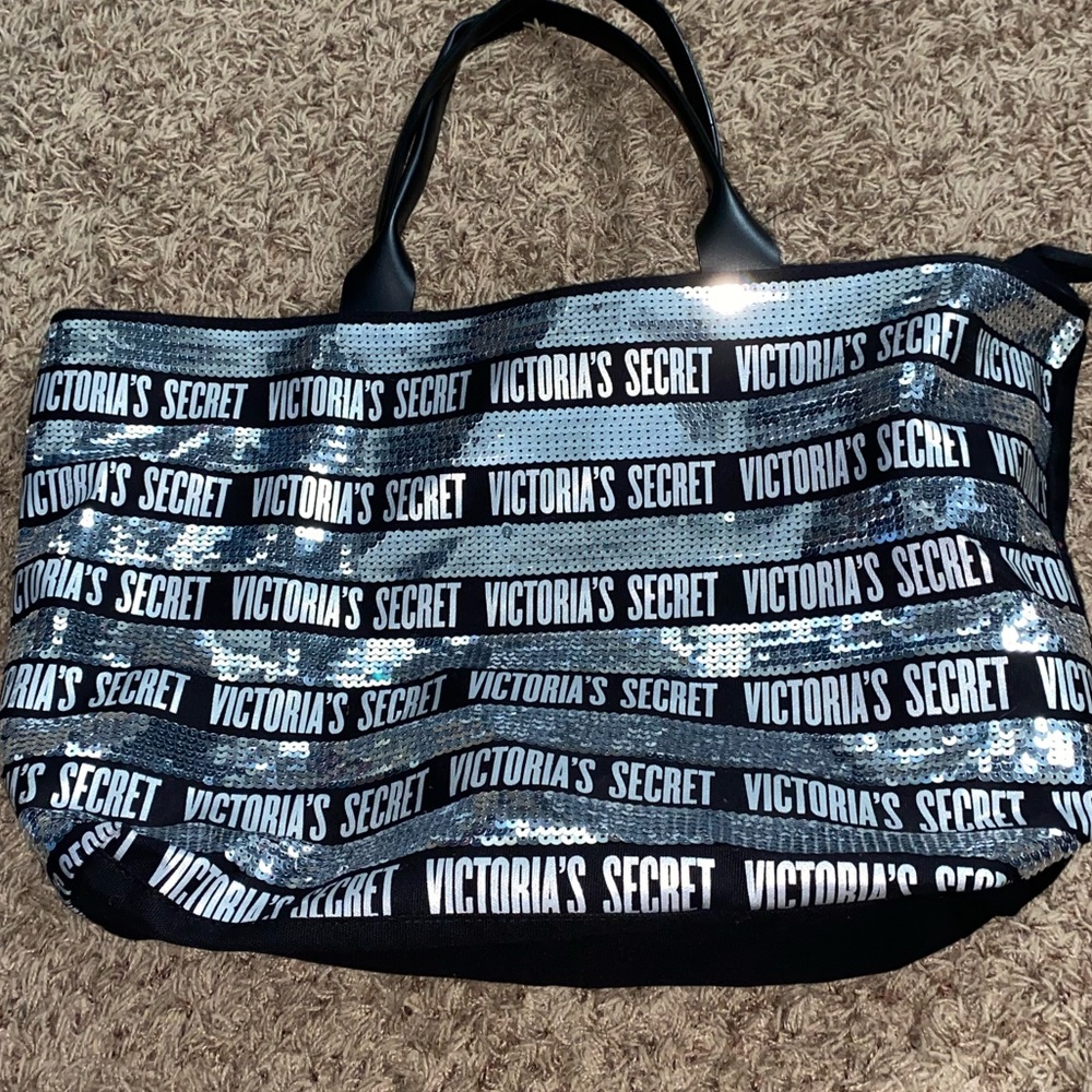 Victorias Secret black and silver sequin zip closure tote bag